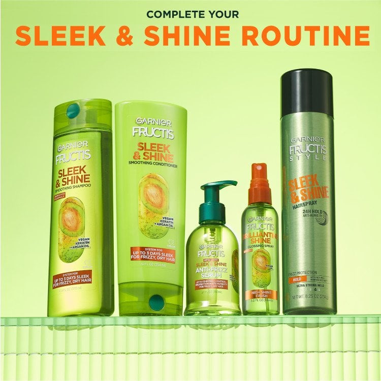 Garnier Fructis Sleek & Shine routine featuring shampoo, conditioner, leave-in treatment, and hairspray for a complete sleek and shiny hair look.